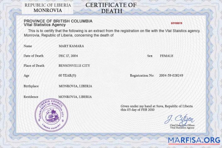 Printable Liberia death certificate PSD template